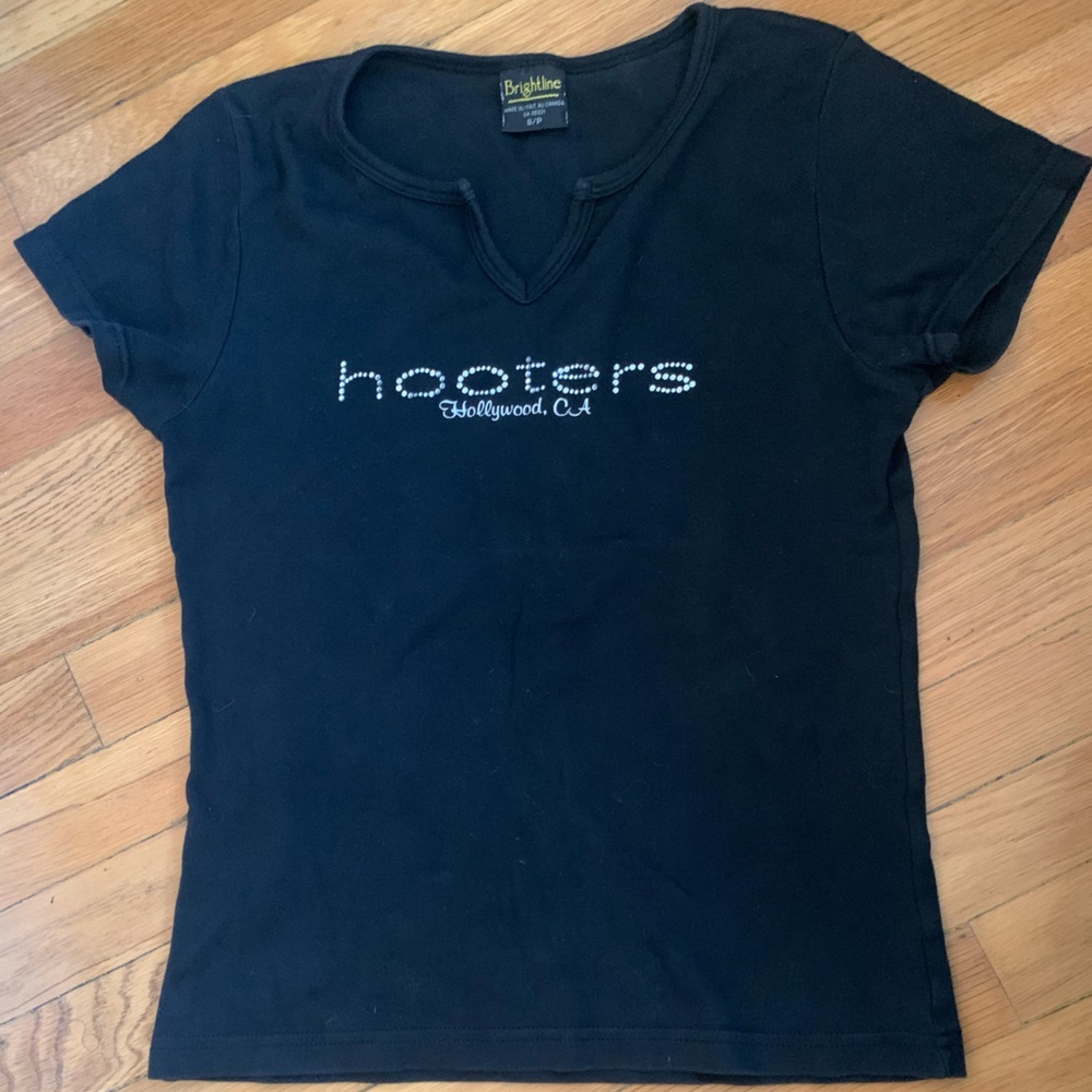 Hooters of Hollywood, California T-shirt. Black with rhinestone embellishments.